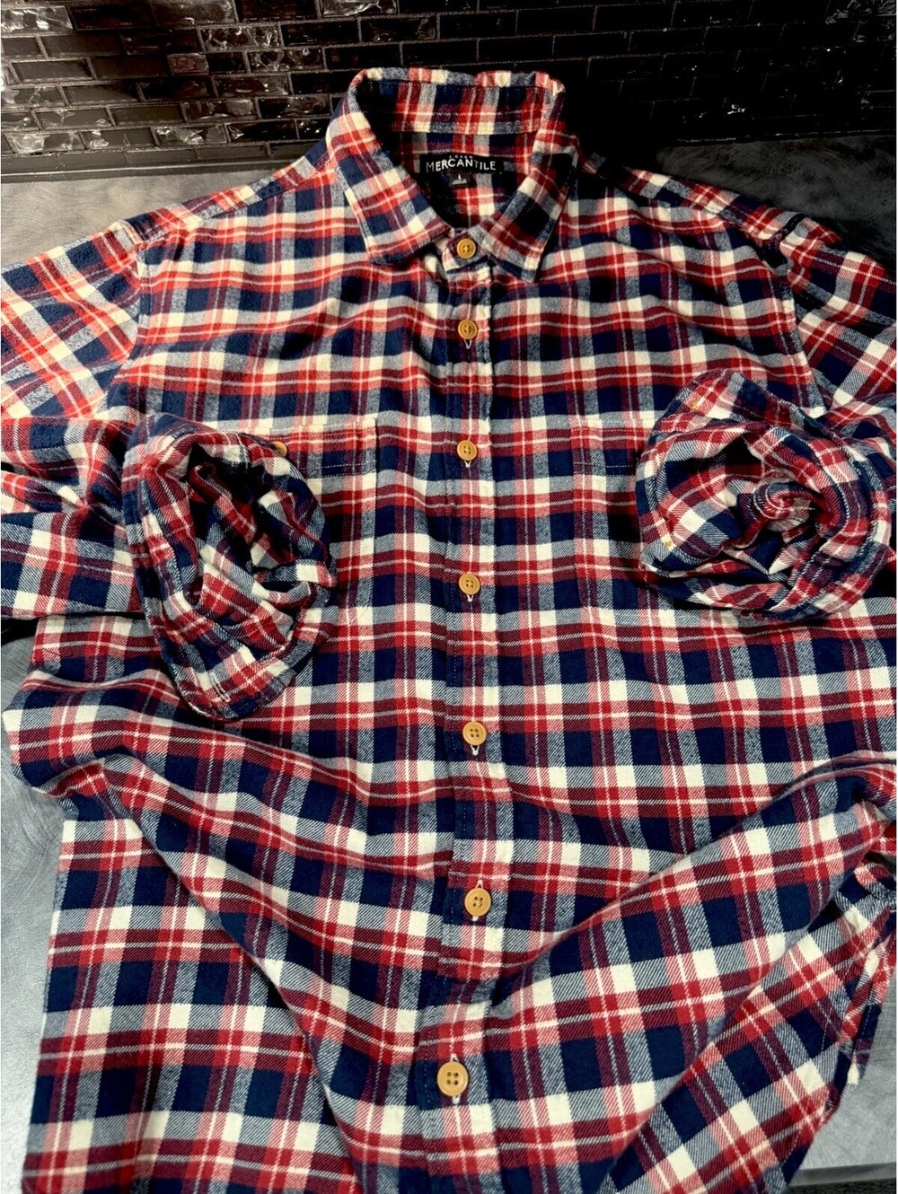 j crew mercantile flannel cotton large Btn  up down shirt men's plaid blue & Red